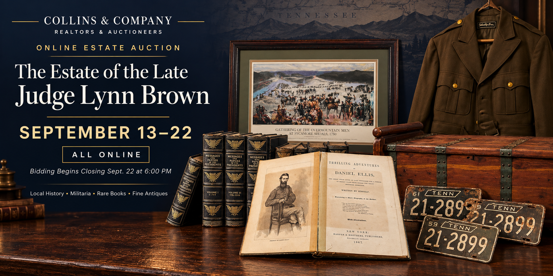 Estate sale poster for Judge Lynne Brown with antique books, trunk, framed art, and coat on a dark background