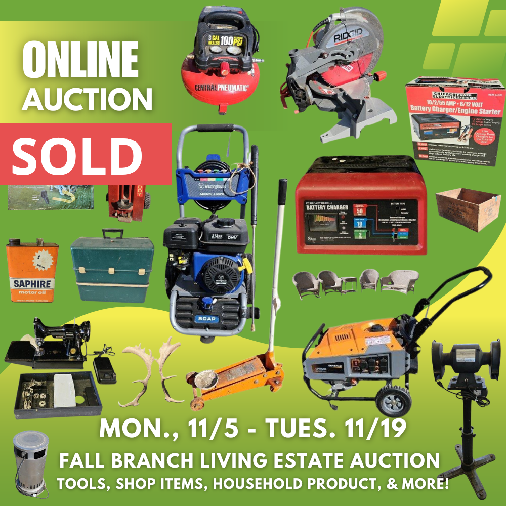An advertisement for an online auction selling saws, tools, and construction equipment - sold by Collins & Co.