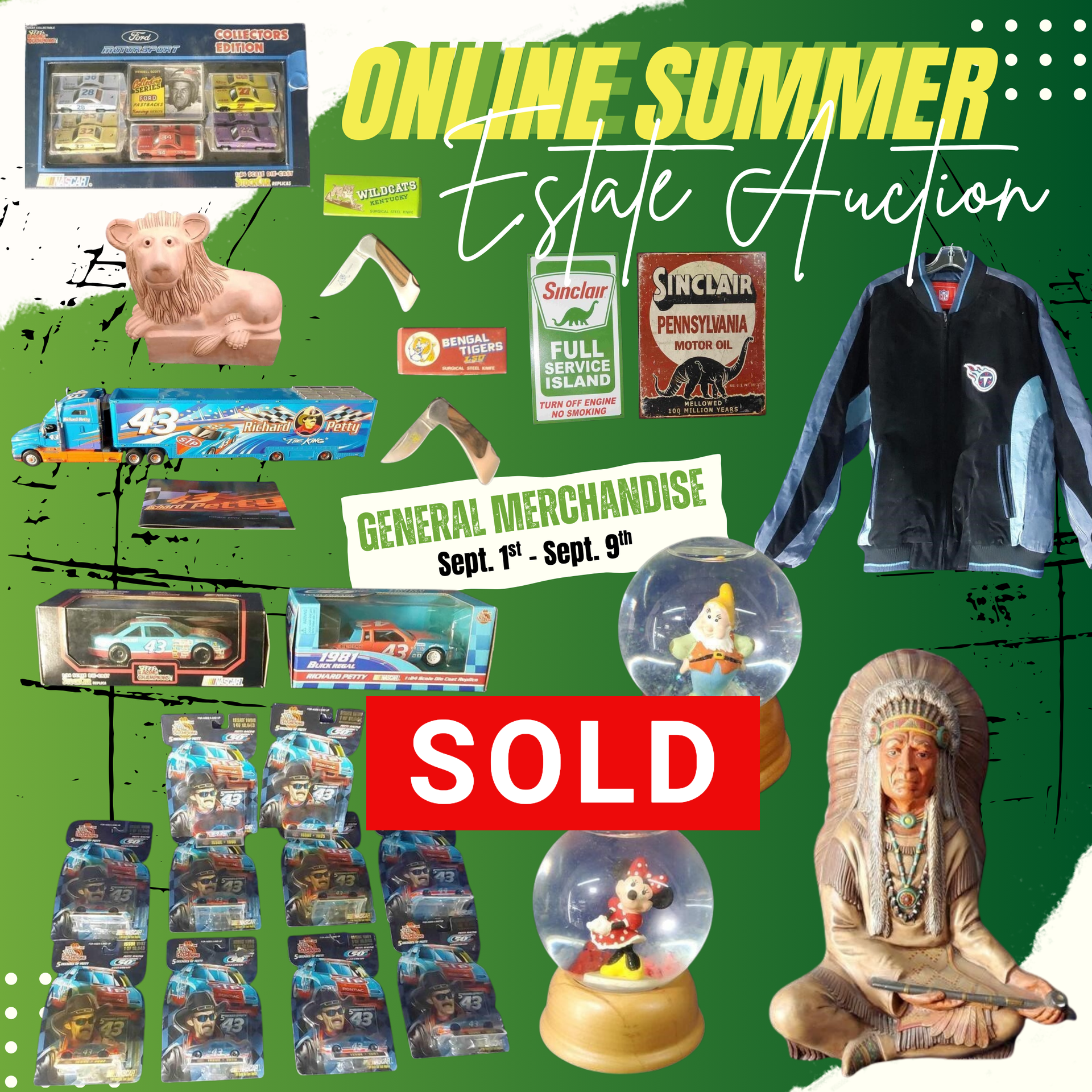 Online summer estate auction featuring various general merchandise.