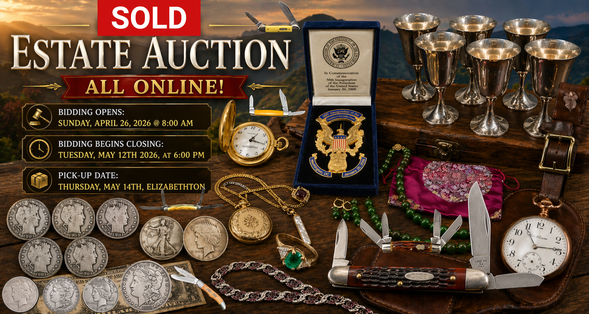 Estate auction ad with watches, coins, jewelry, silverware, and a “Sold” banner on a dark background