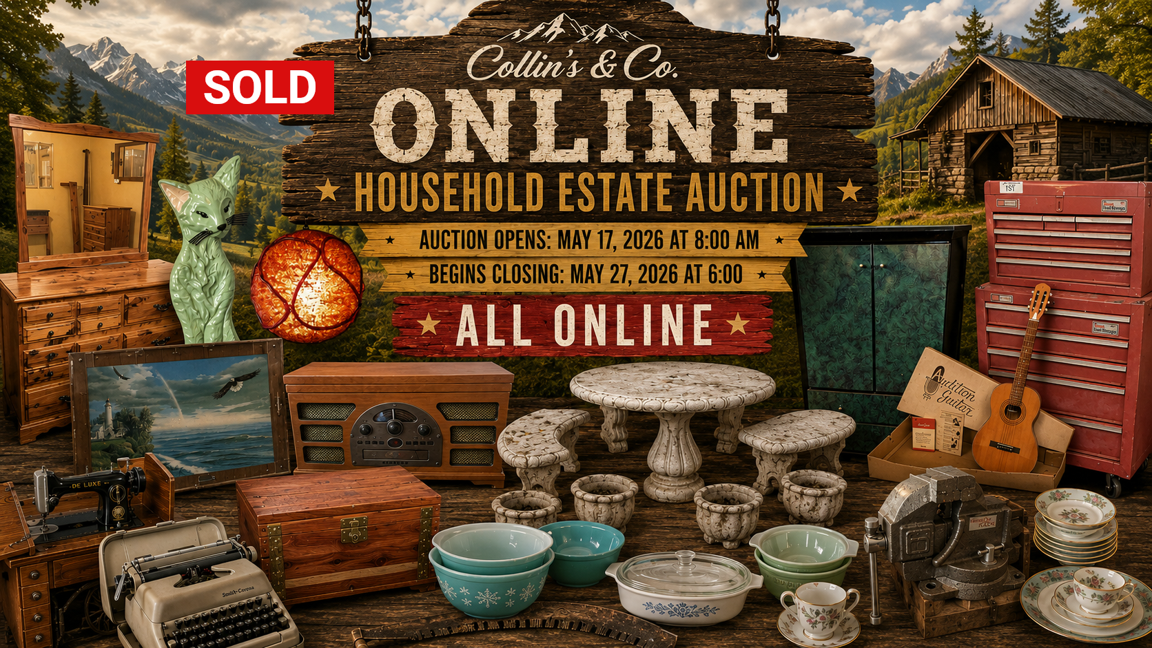 Online household estate auction sign with rustic decor, pottery, baskets, and antiques on display