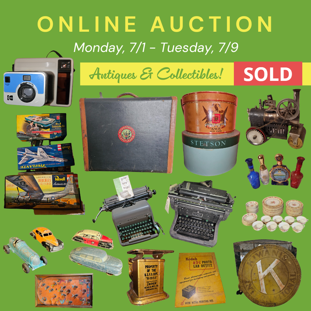 An advertisement for an online auction of antiques and collectibles - sold by Collins & Co. 