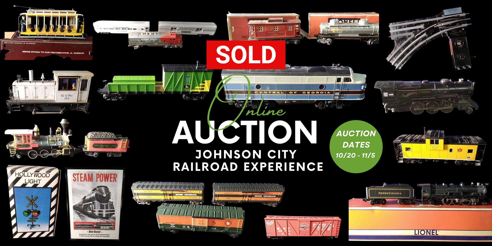 Auction advertisement featuring model trains on a black background; 