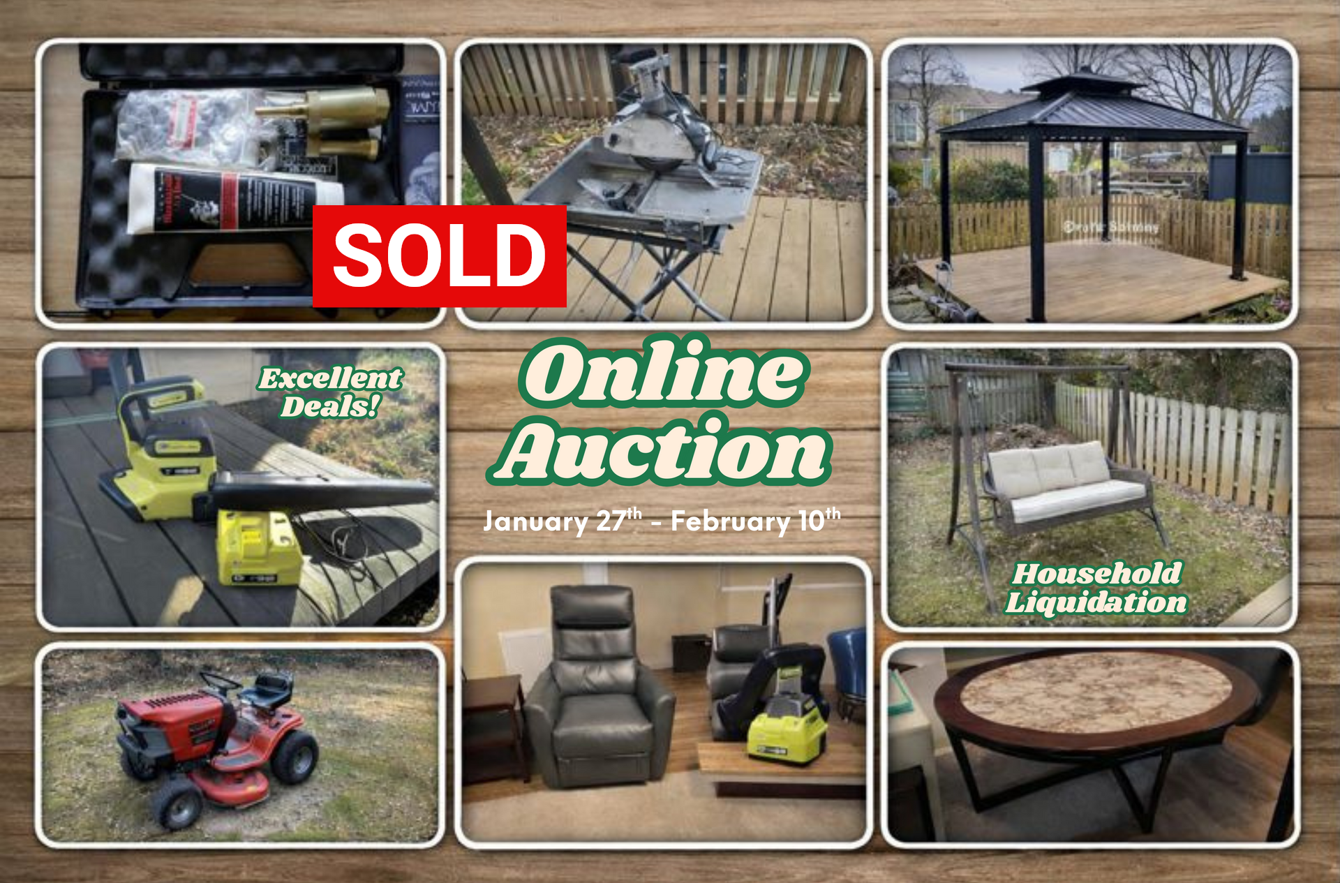 Online auction advertisement with various items for sale: gazebo, lawnmower, recliner, and other household goods.