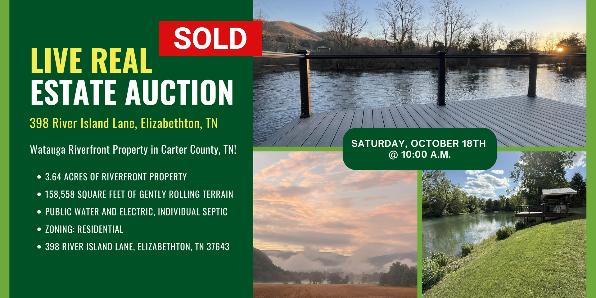 Real estate auction flyer for a riverfront property: lake views, green and white text, 