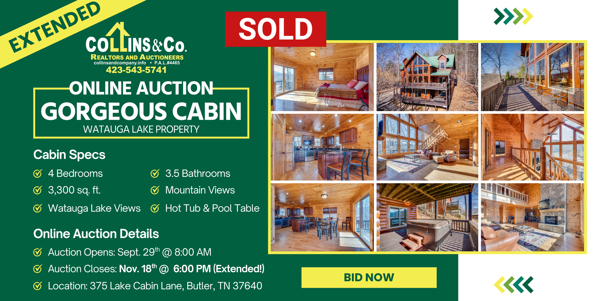 Online auction advertisement for a cabin sold at Wapanoca Lake Property. Green background with photos.