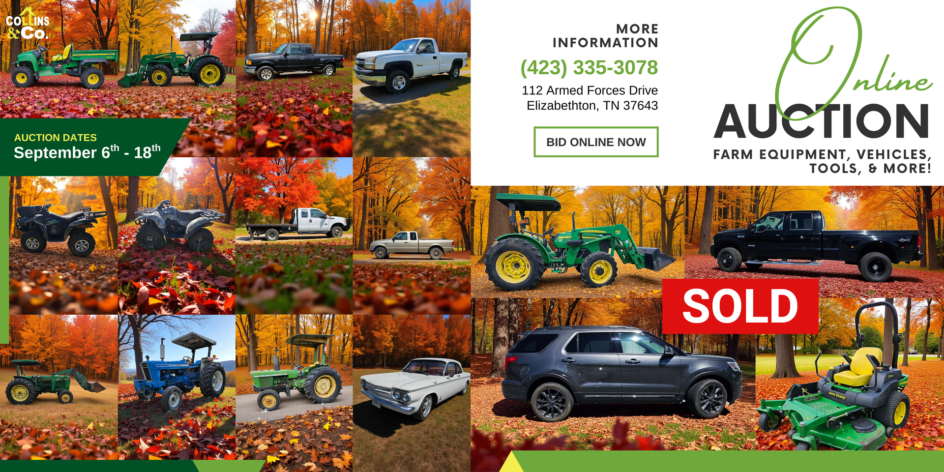 Online auction advertisement: farm equipment, vehicles, and tools. Fall foliage background. Various vehicles and equipment.