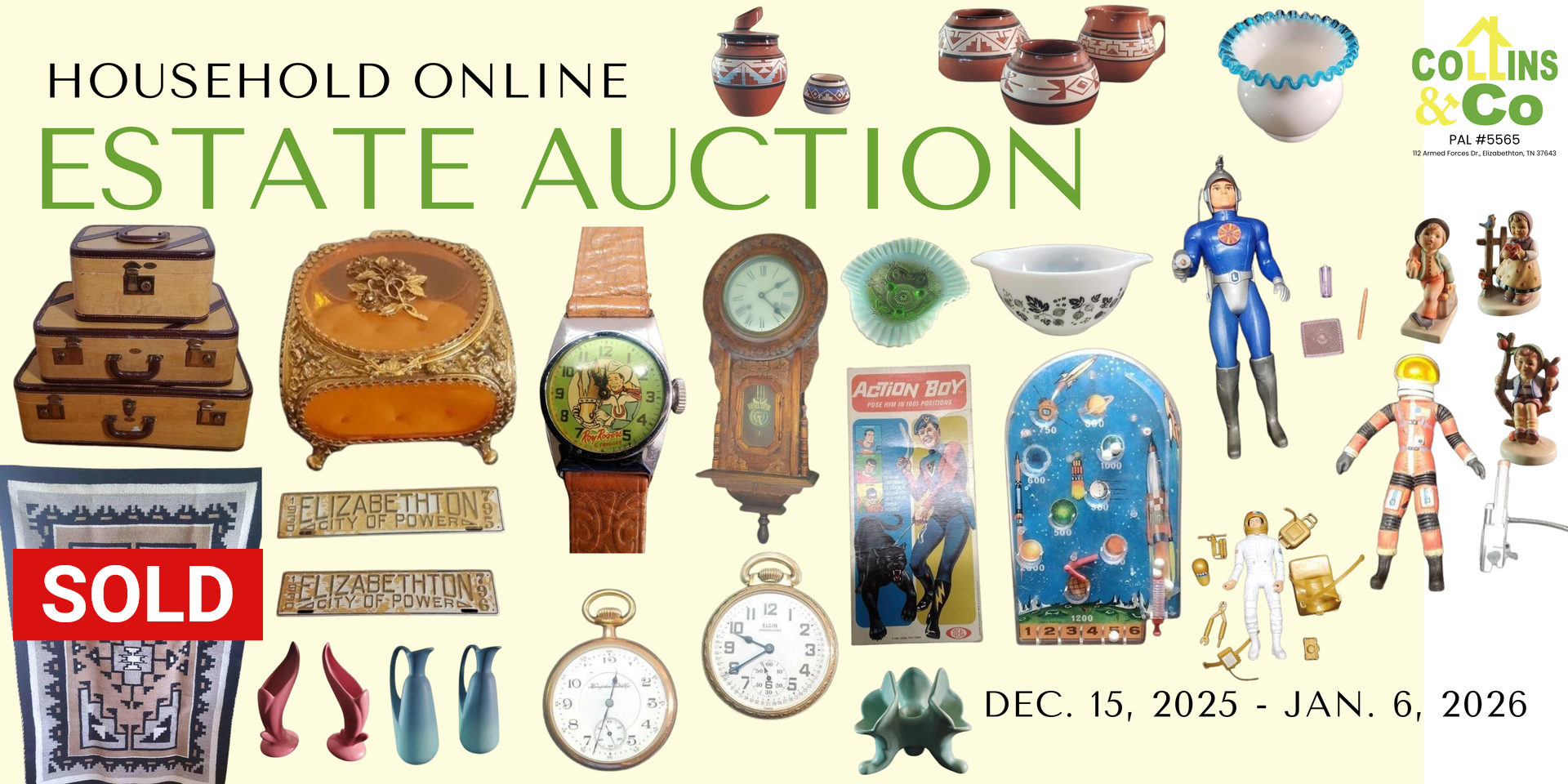Estate auction advertisement with assorted antique items. 