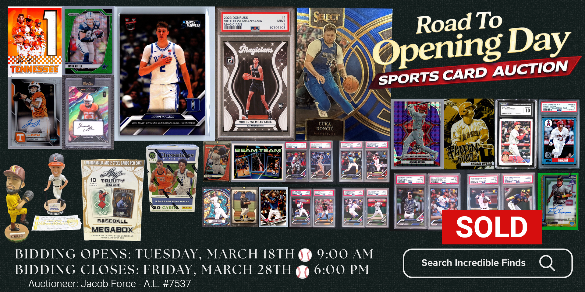 Auction flyer for a sports card collection, showcasing various cards and collectibles with 