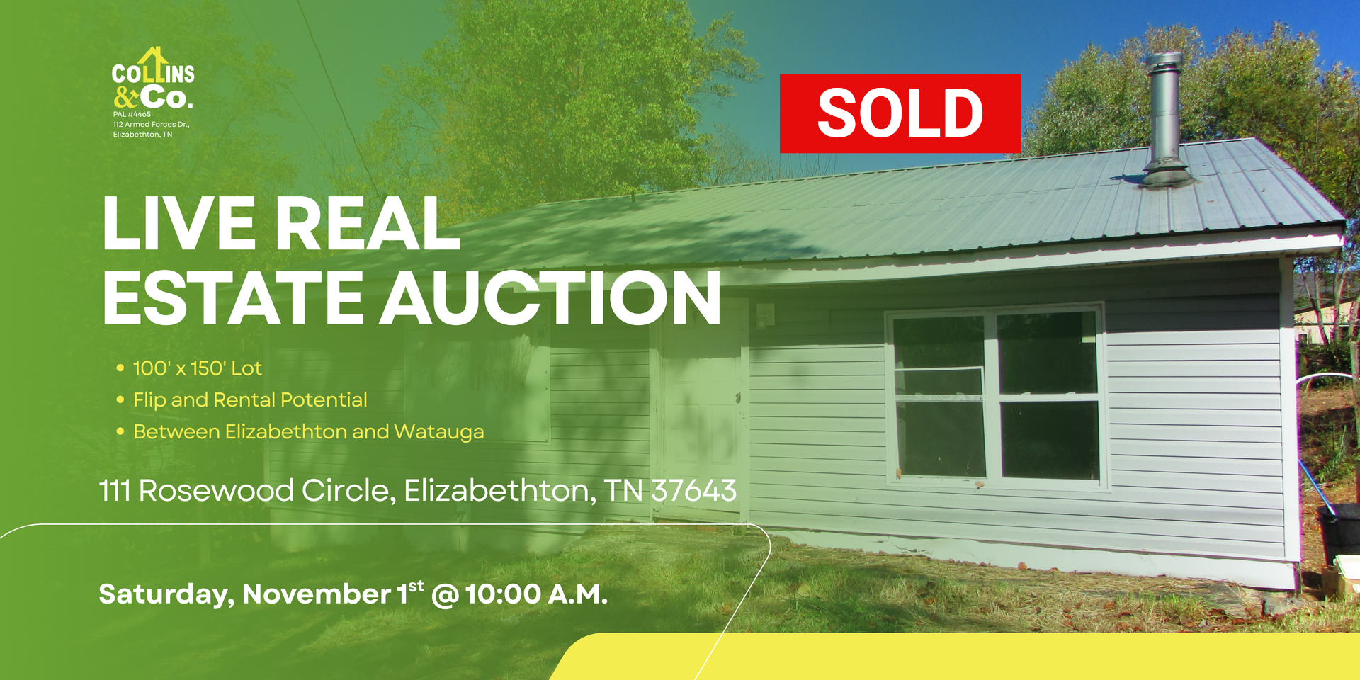 Real estate auction advertisement with a house and 
