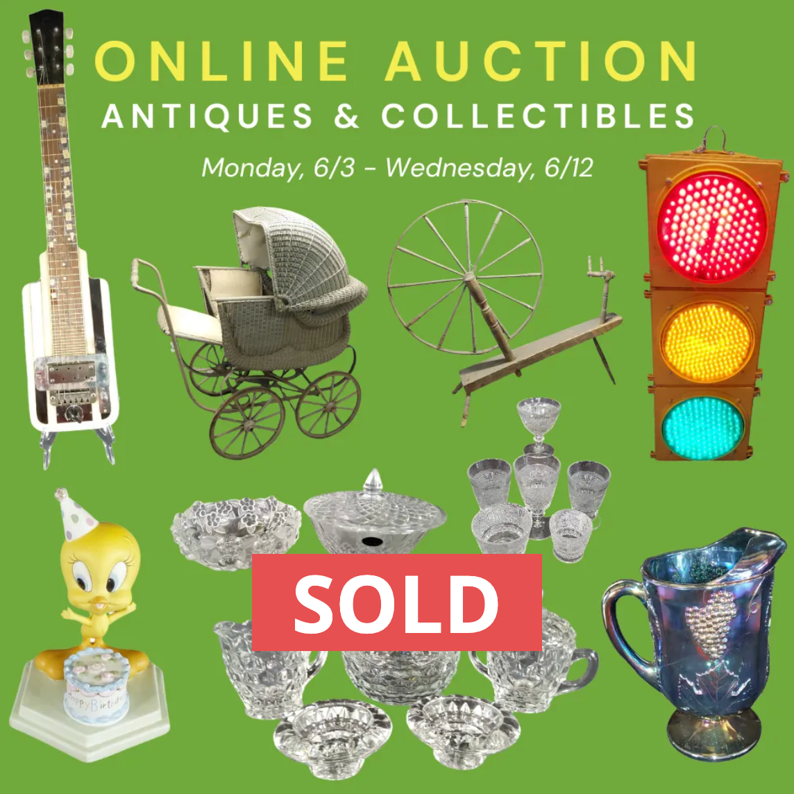 An advertisement for an online auction of antiques and collectibles WITH A SOLD SIGN AT THE BOTTOM