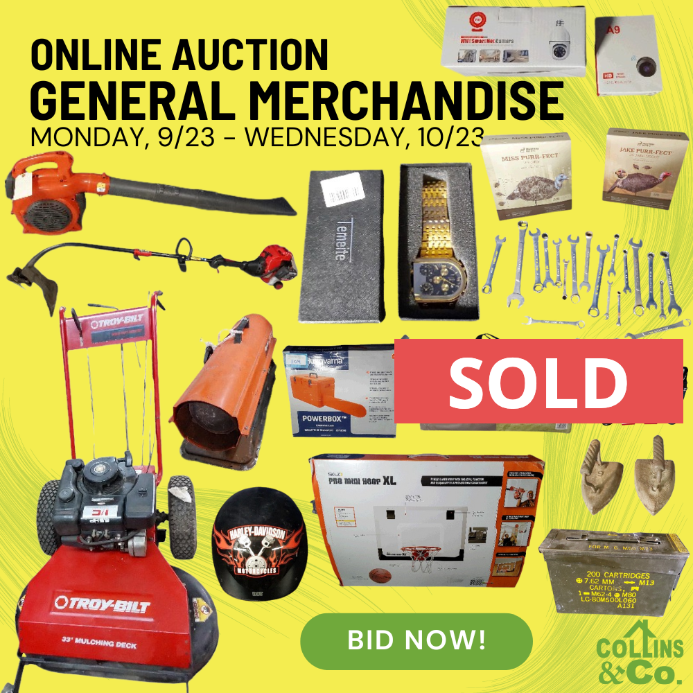 a flyer for a sold online auction for general merchandise managed successfully bu Collin & Co. 