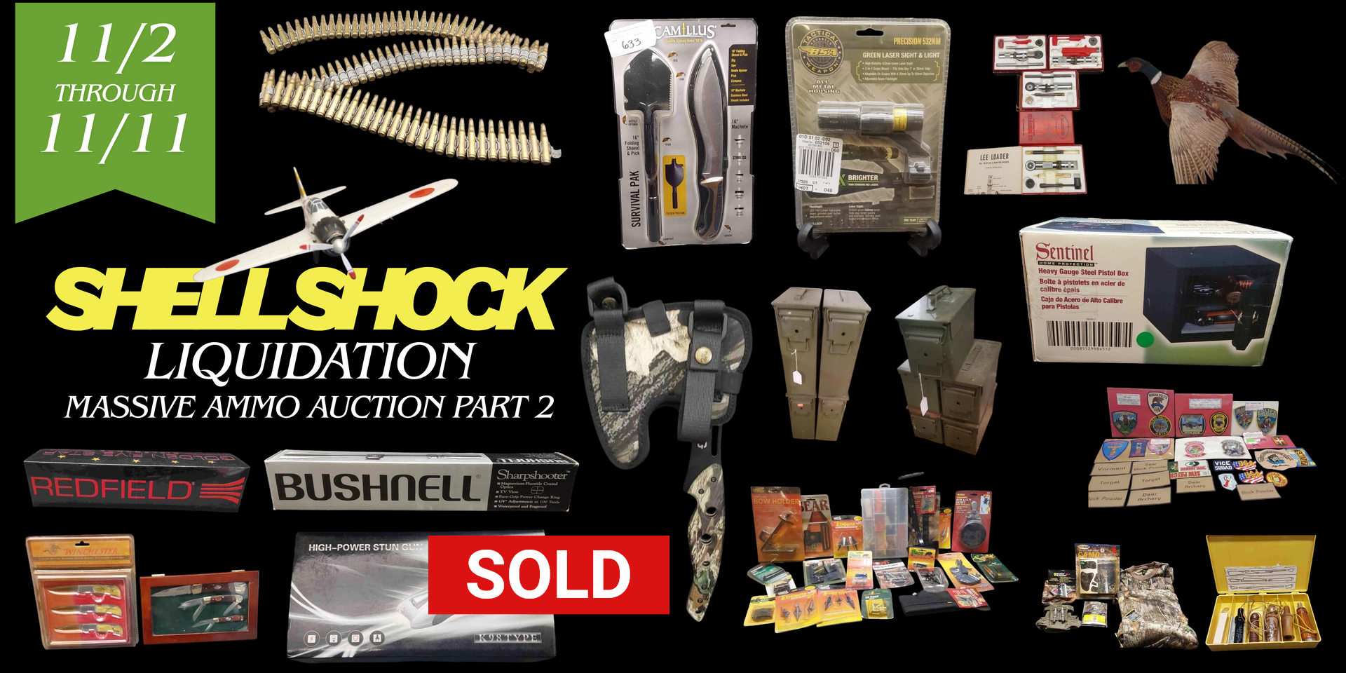 Shell Shock liquidation sale featuring ammunition, scopes, and hunting gear, with 
