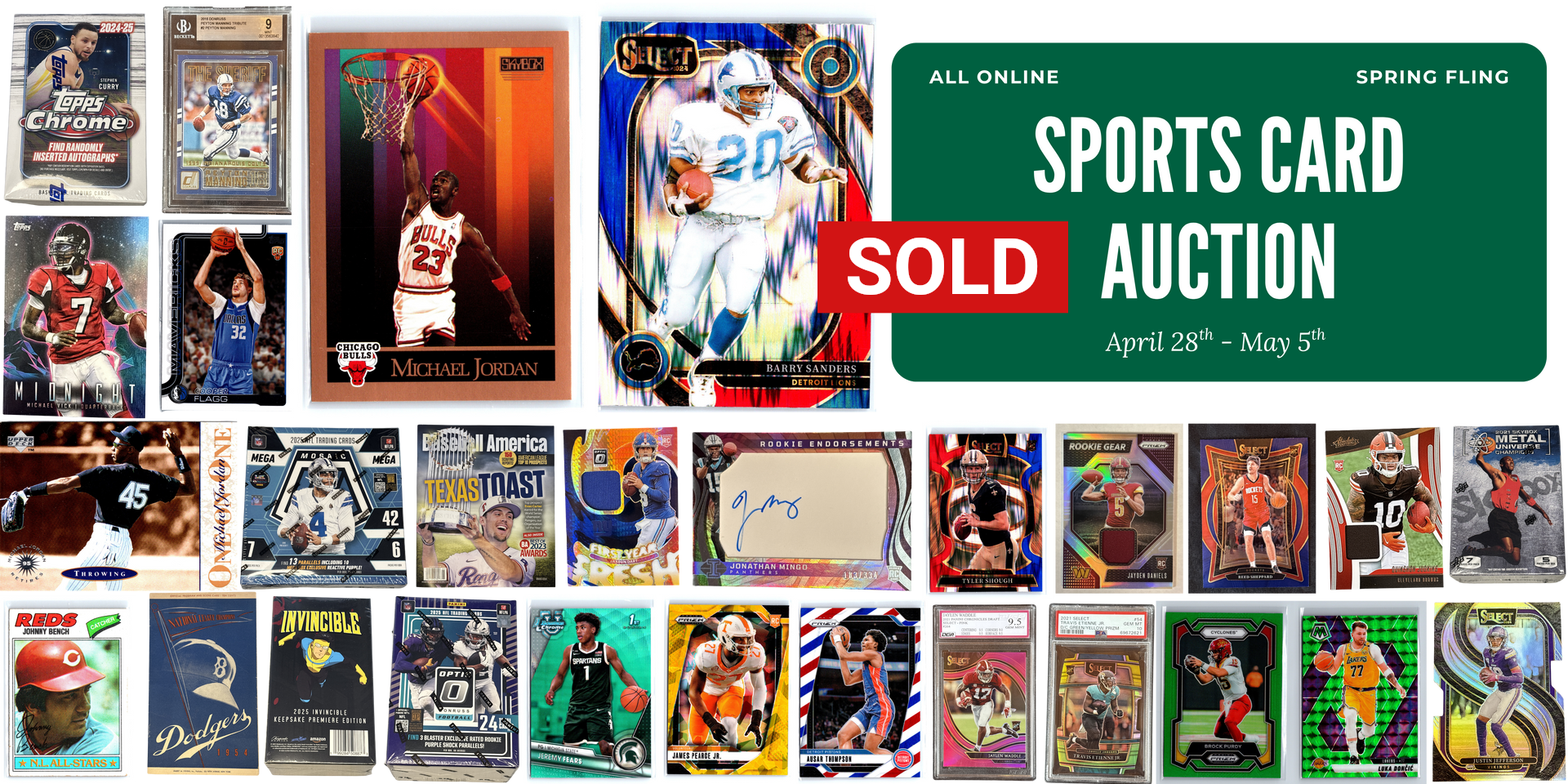 Sports card auction collage with green “SOLD” banner and many trading cards on a blue background