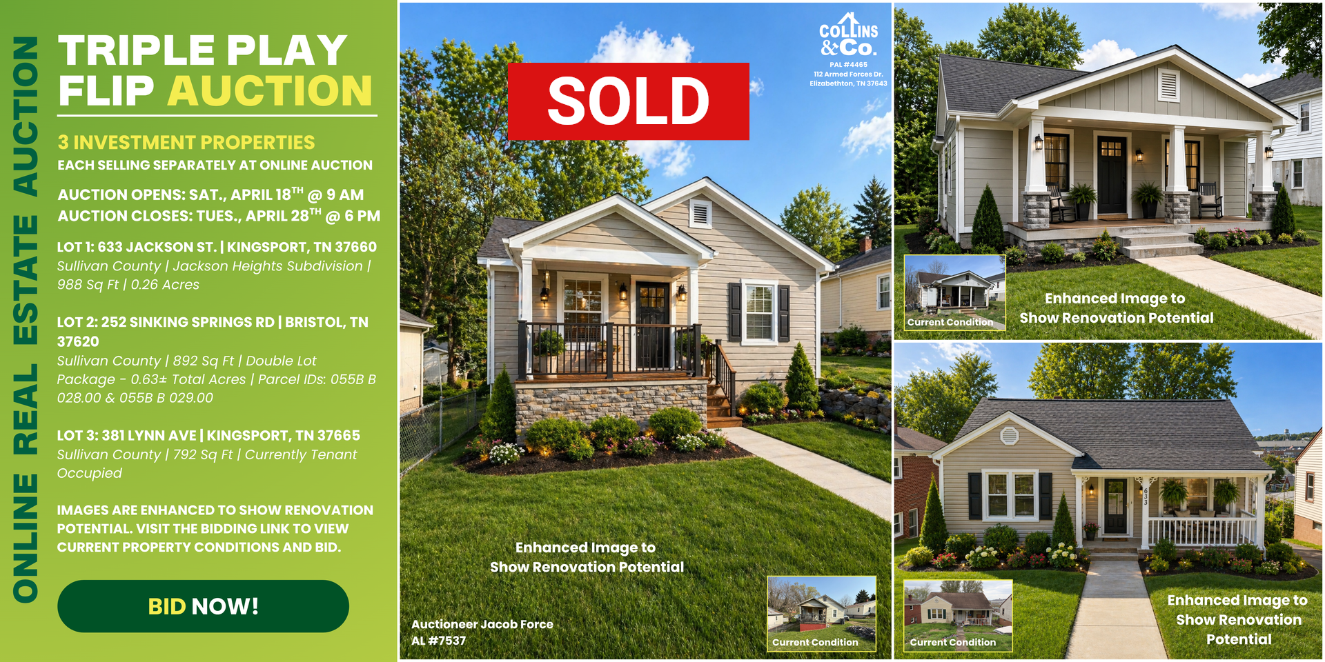Sold real estate flyer for a green house, with property photos and auction details.