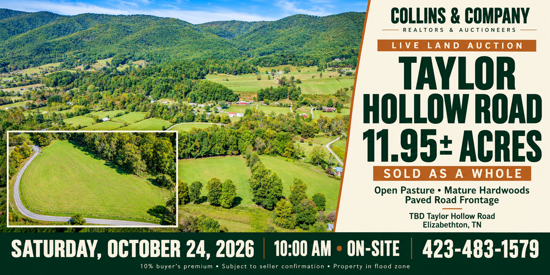 Aerial green hillside lot sale ad for Taylor Hollow Road, 11.95 acres, Oct. 24, 2026, Collins & Co.