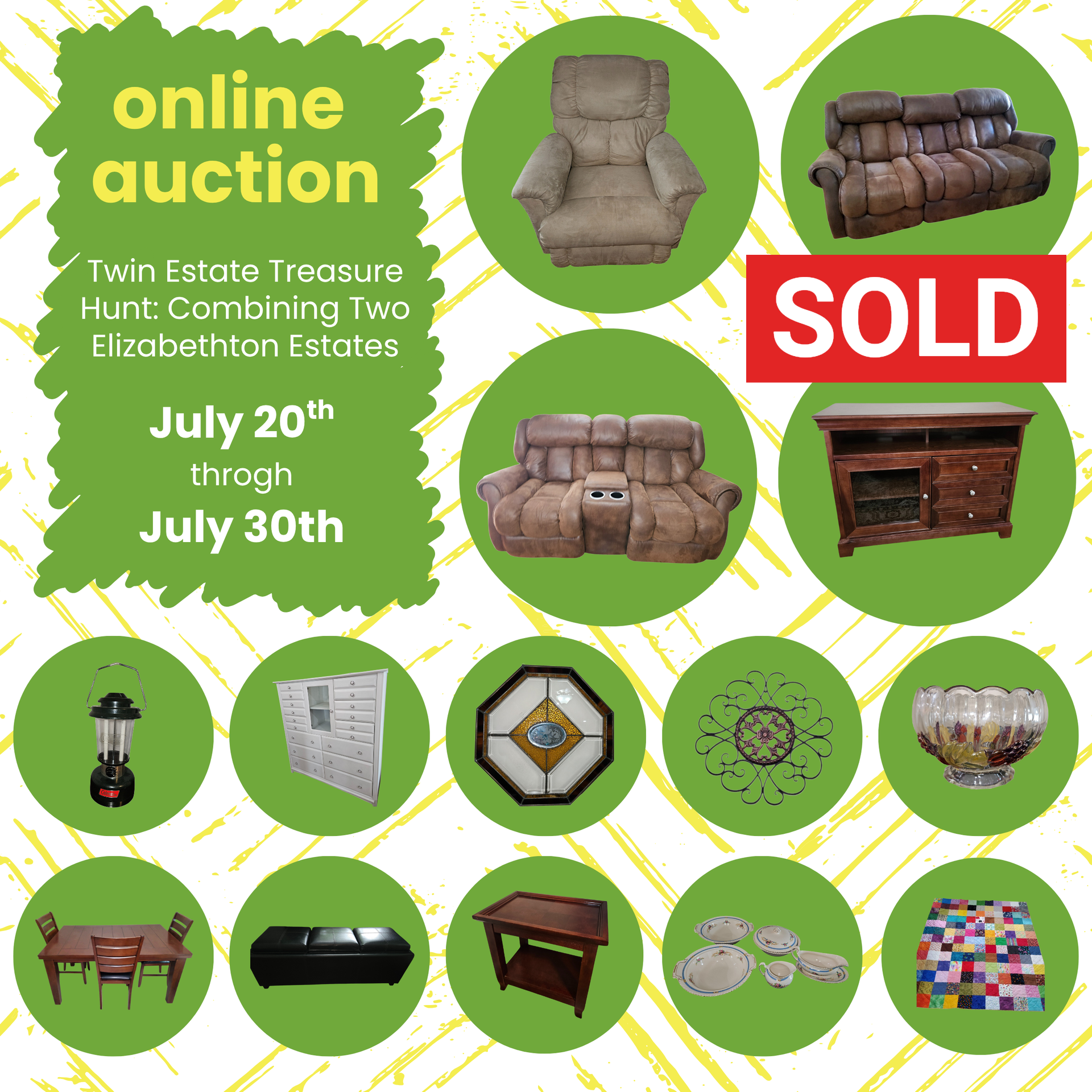 Online auction flyer: furniture and decor, July 20-30. Items include chairs, sofa, and a table. 