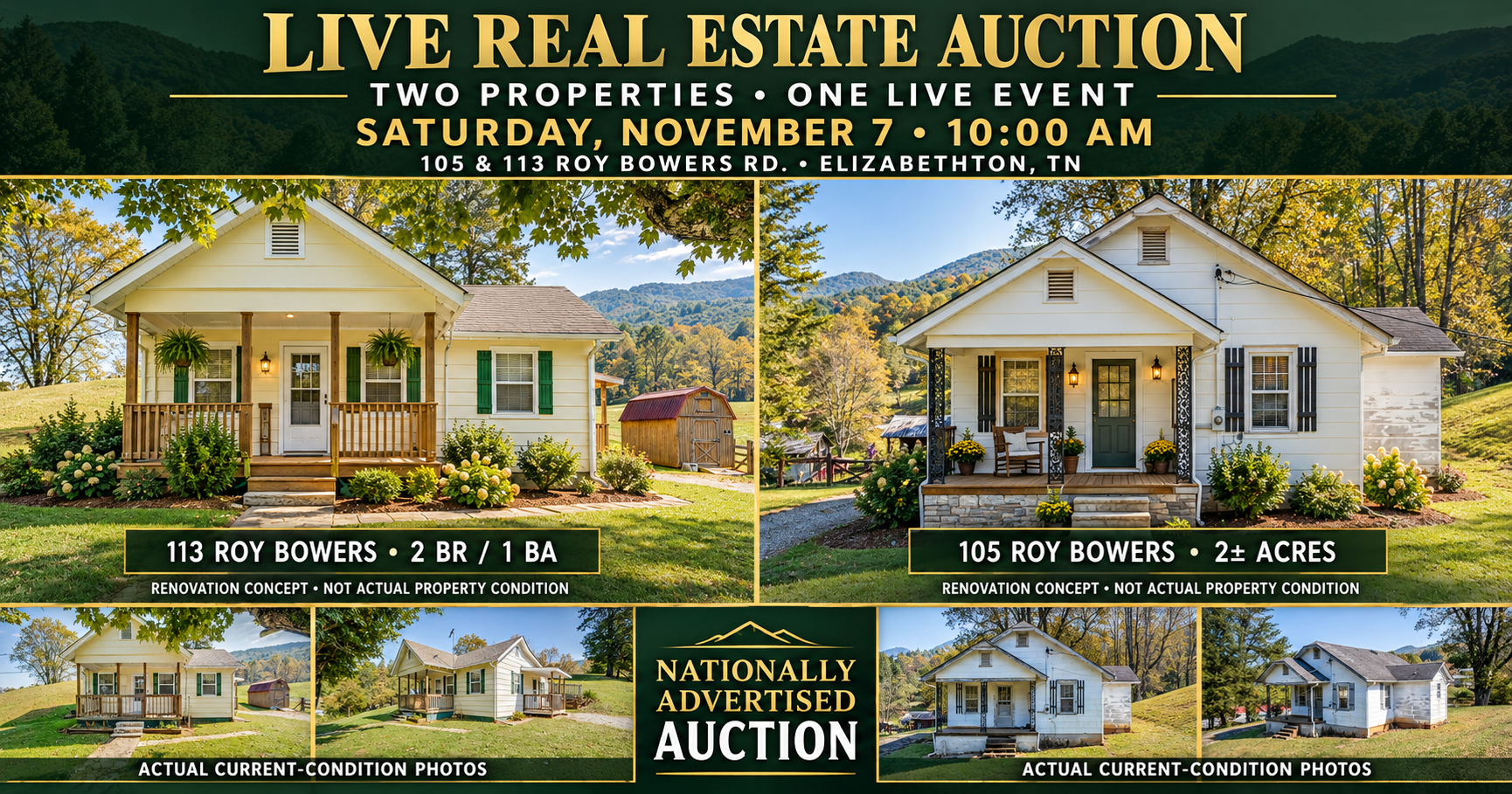 Live Real Estate Auction flyer for a 2-acre home estate with house photos and auction details.