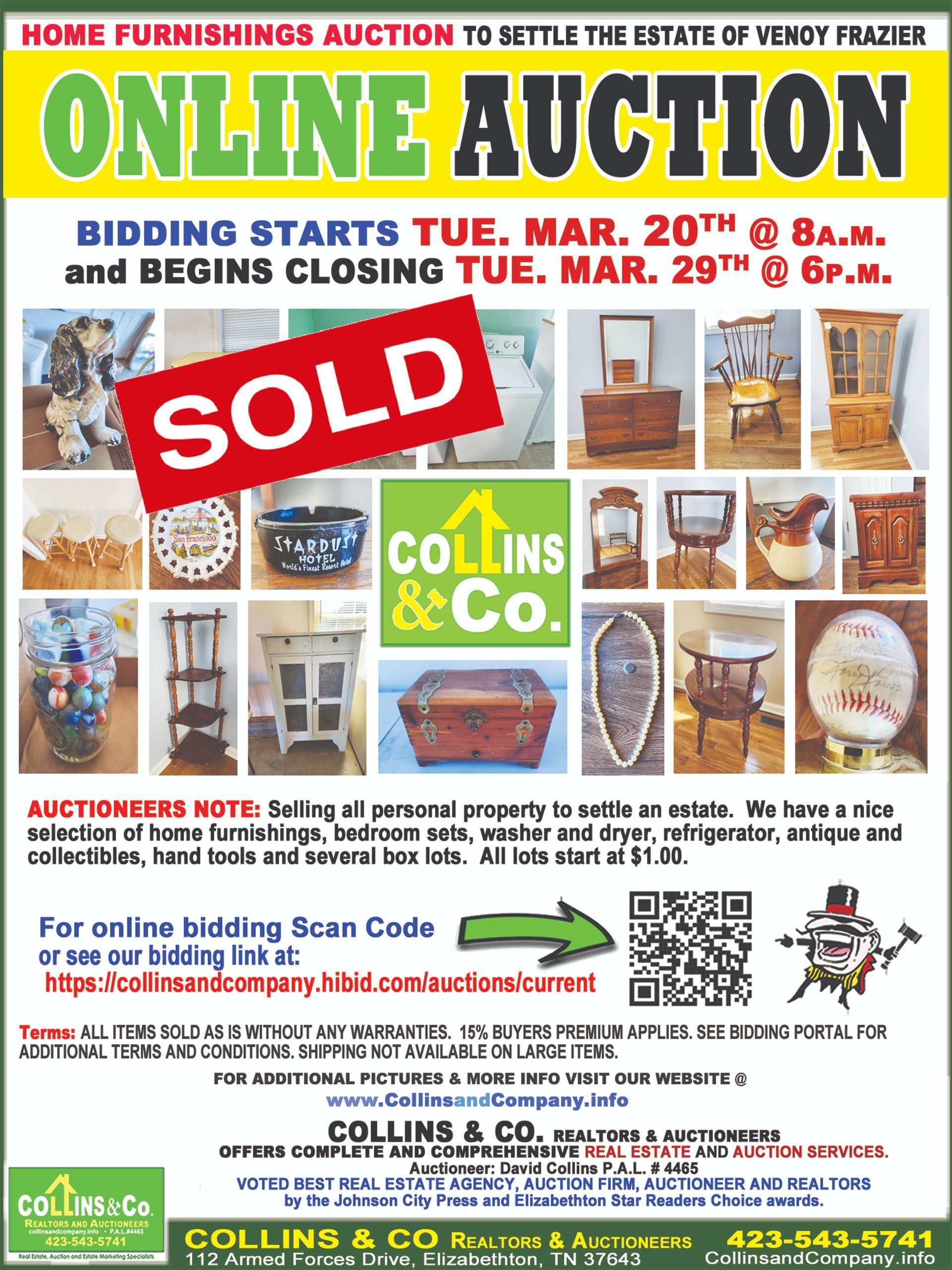 A poster for an online auction with a sold sign on it.