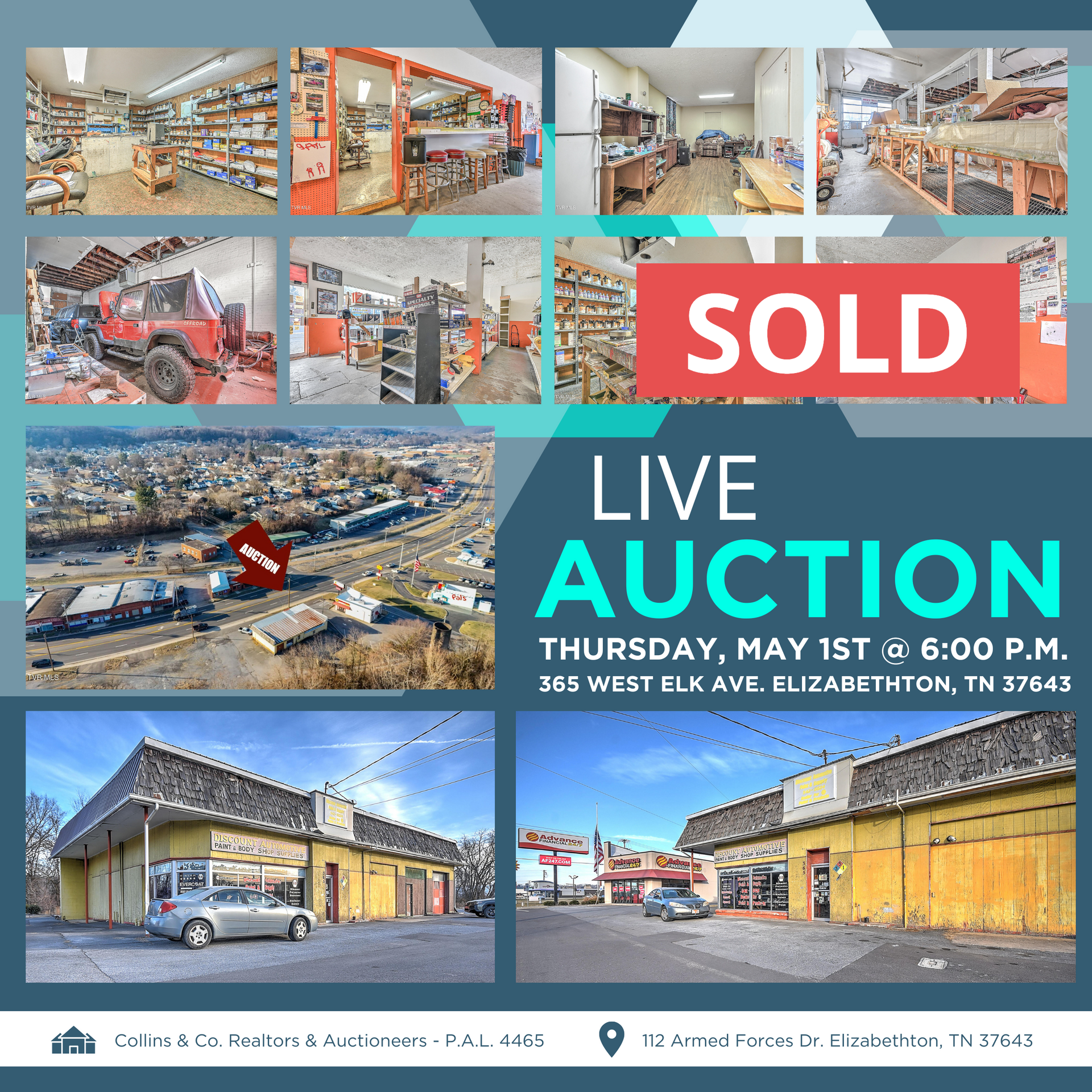 An advertisement for a live auction on thursday may 1st