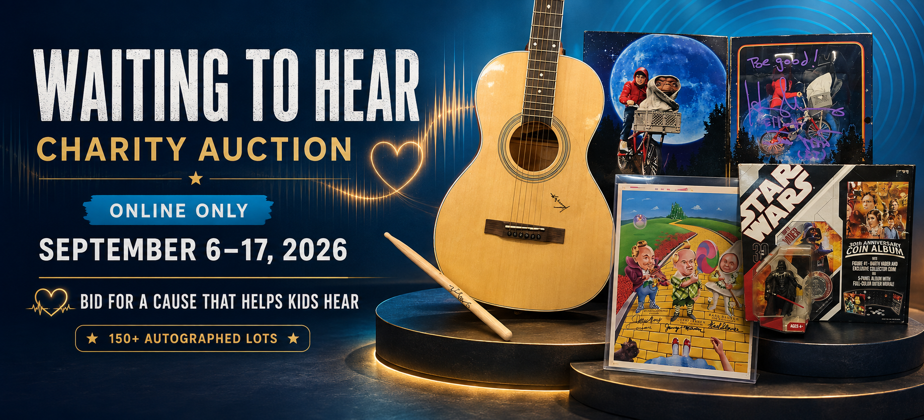 “Waiting to Hear” charity auction poster with guitar, headphones, and event details on a blue background