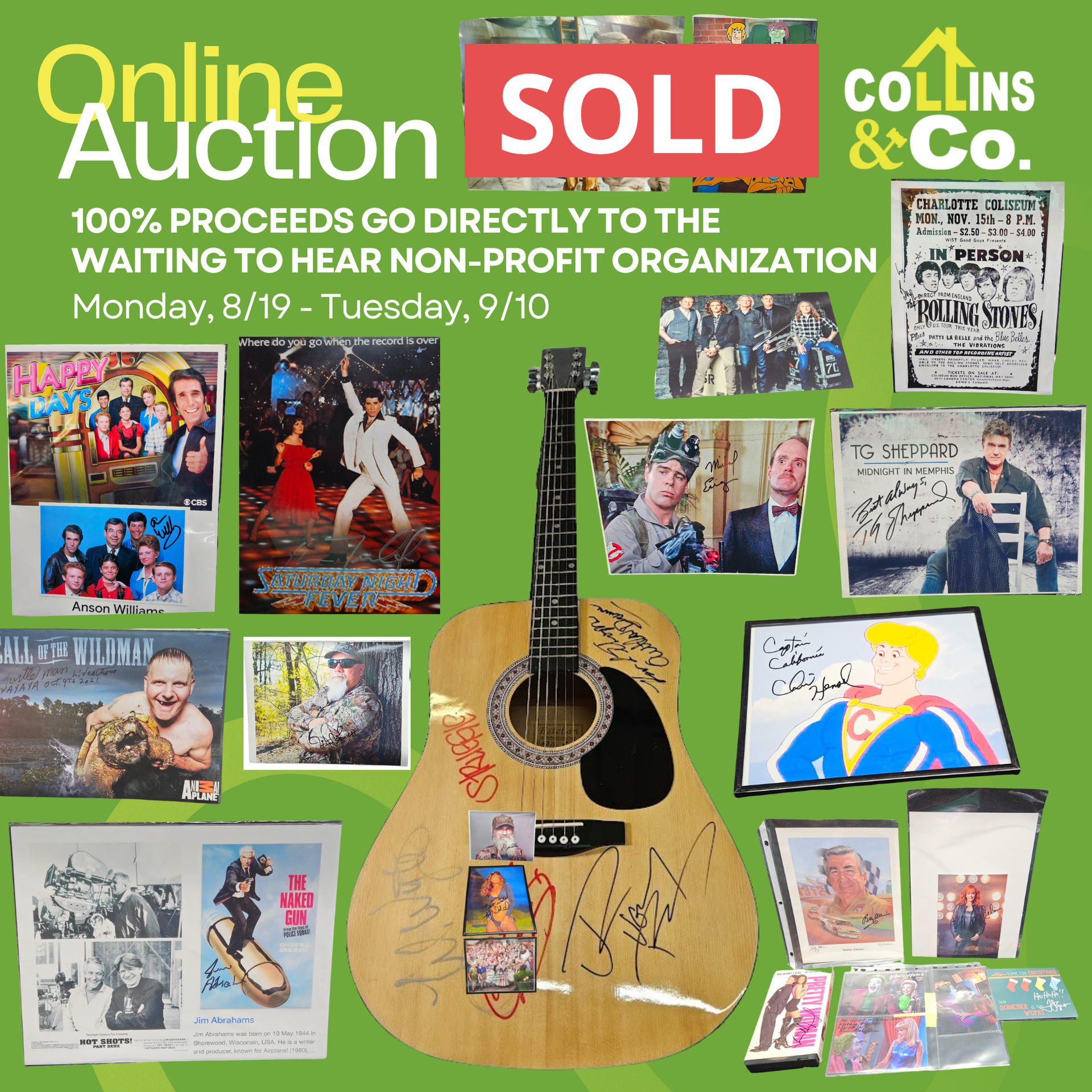 An advertisement for an online auction with a guitar and collectible vinyl records and art sold by Collins & Co. 