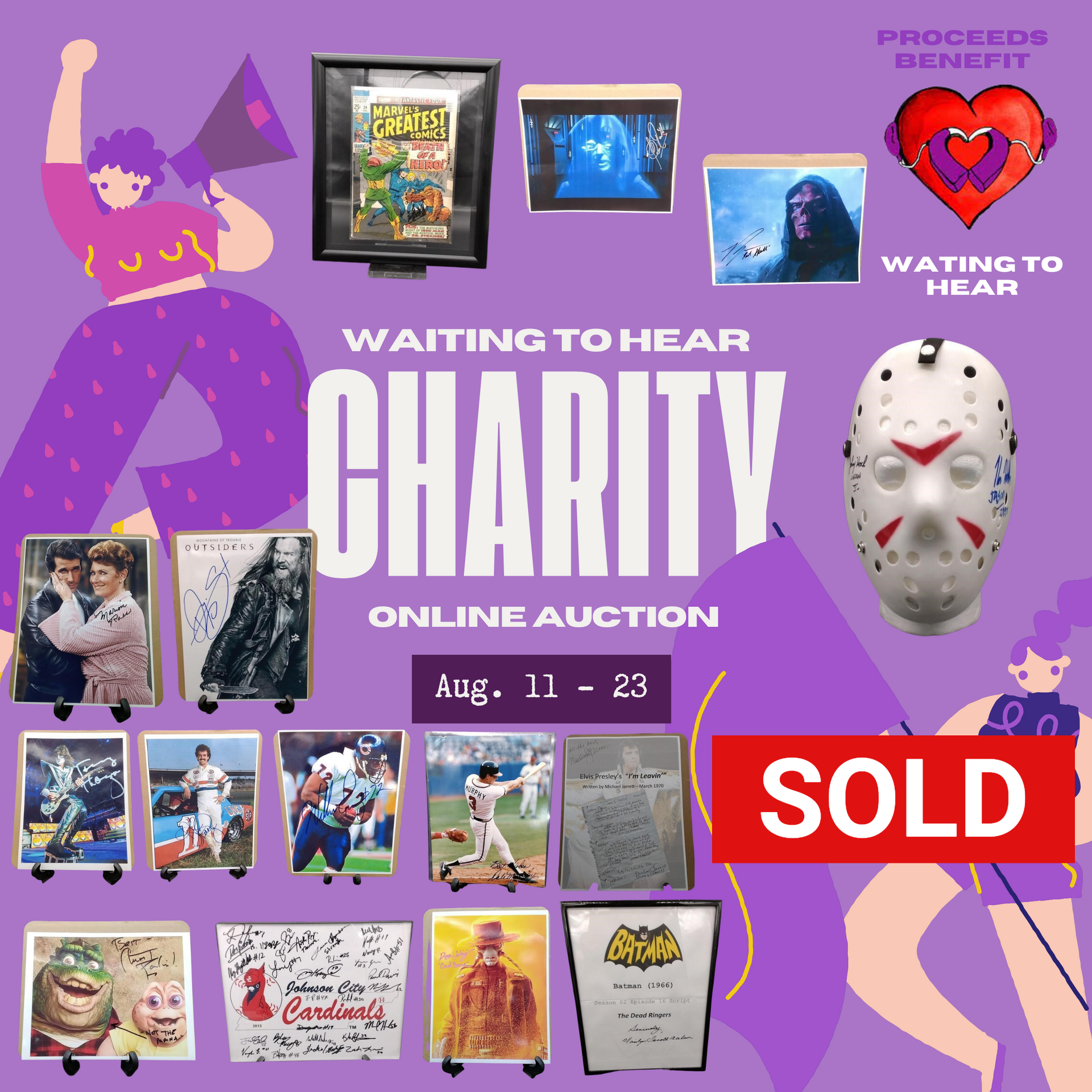 Charity online auction advertisement with various items, purple background, and 