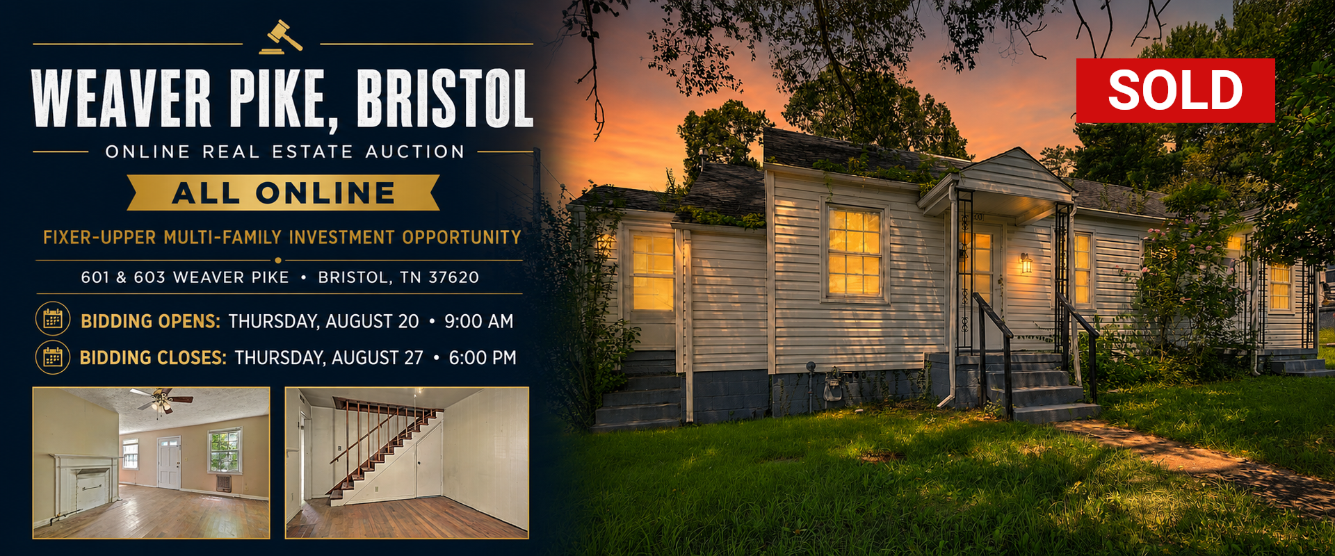 Weaver Pike, Bristol house listing with SOLD banner and interior photos at sunset