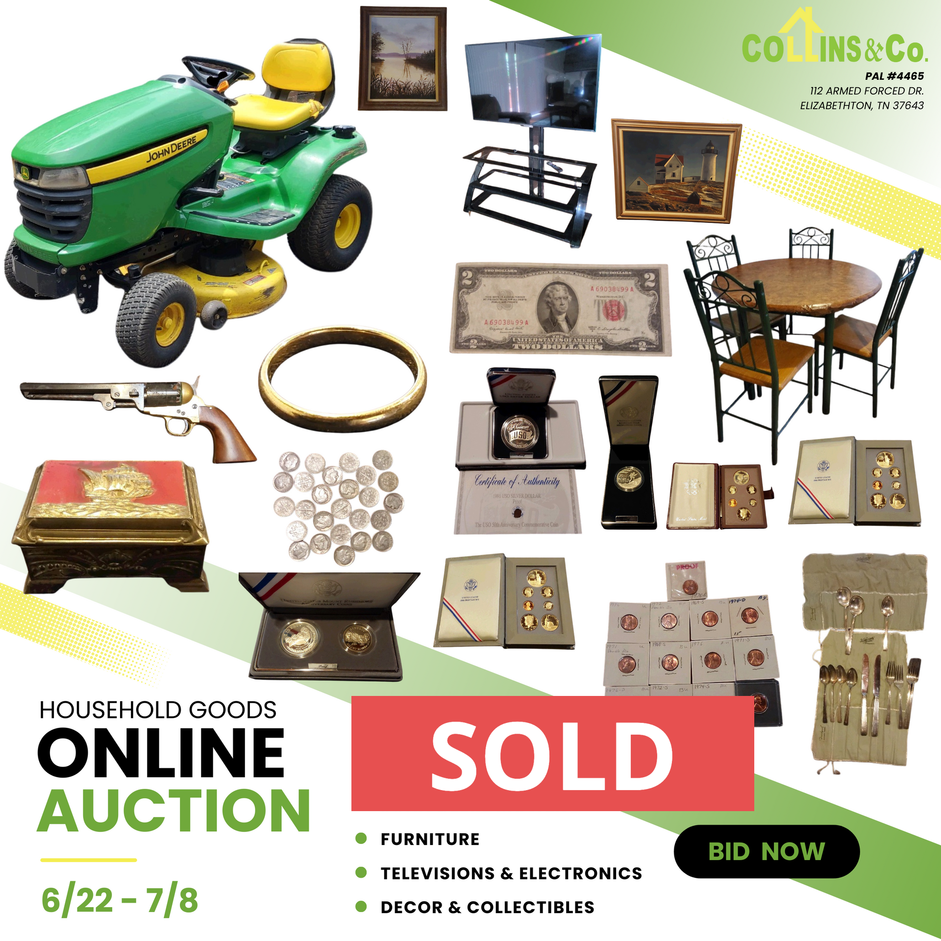 Online auction advertisement: Lawn mower, furniture, decor, and collectibles. Sold items include TV, artwork, jewelry, and a pistol.