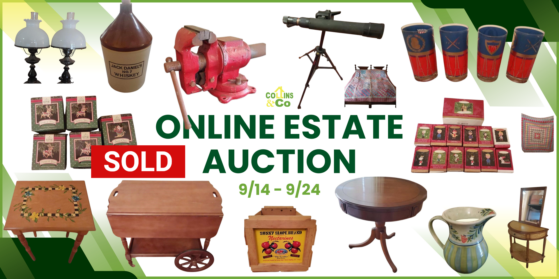 Online estate auction ad with various antiques.