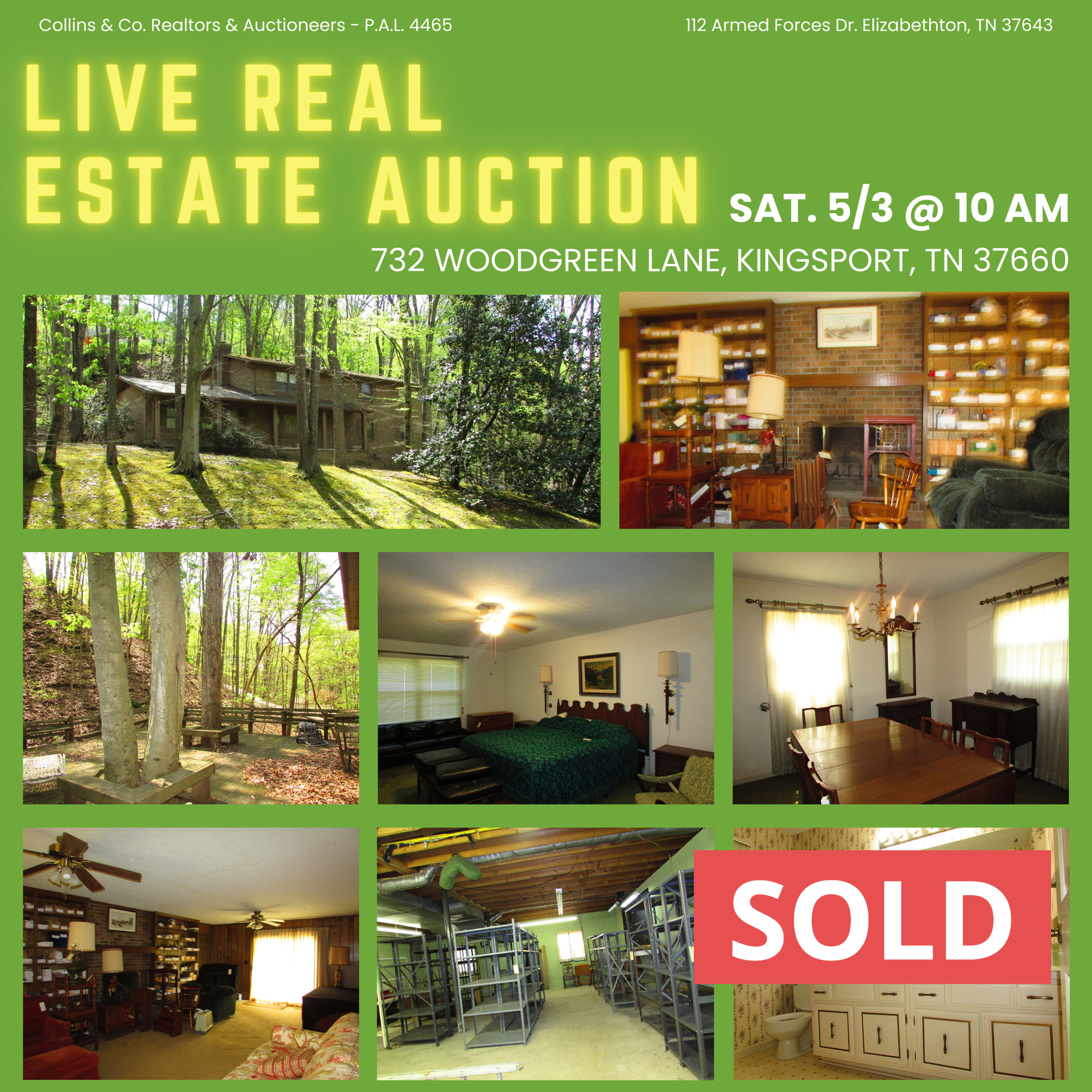 An advertisement for a live real estate auction SOLD BY COLLINS & CO. 