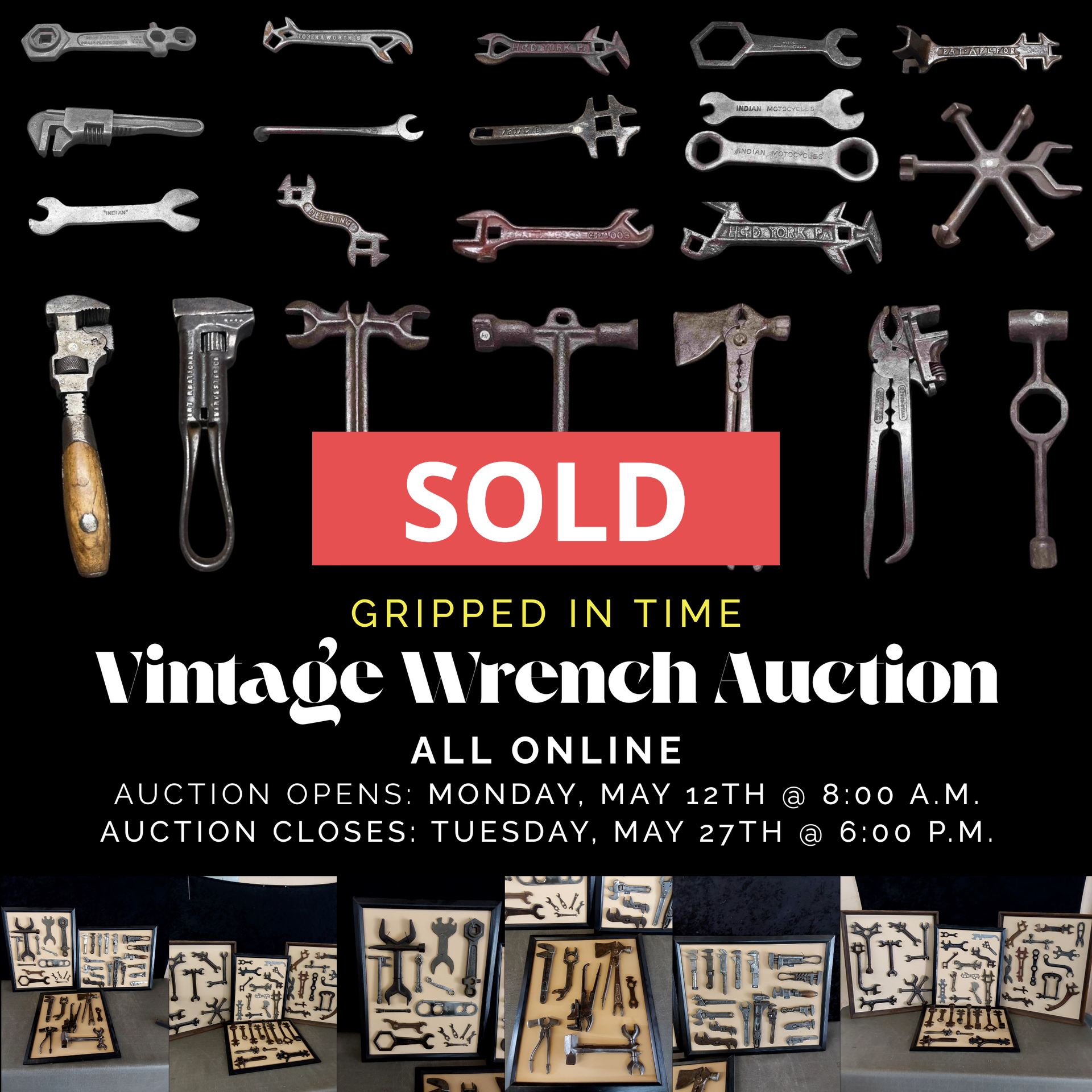 An advertisement for a vintage wrench auction that is all online