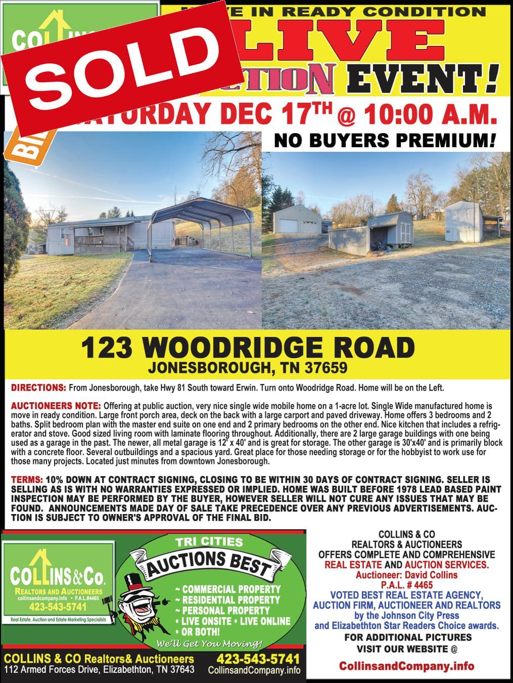A sold live auction event is being held on saturday december 17th at 10:00 am