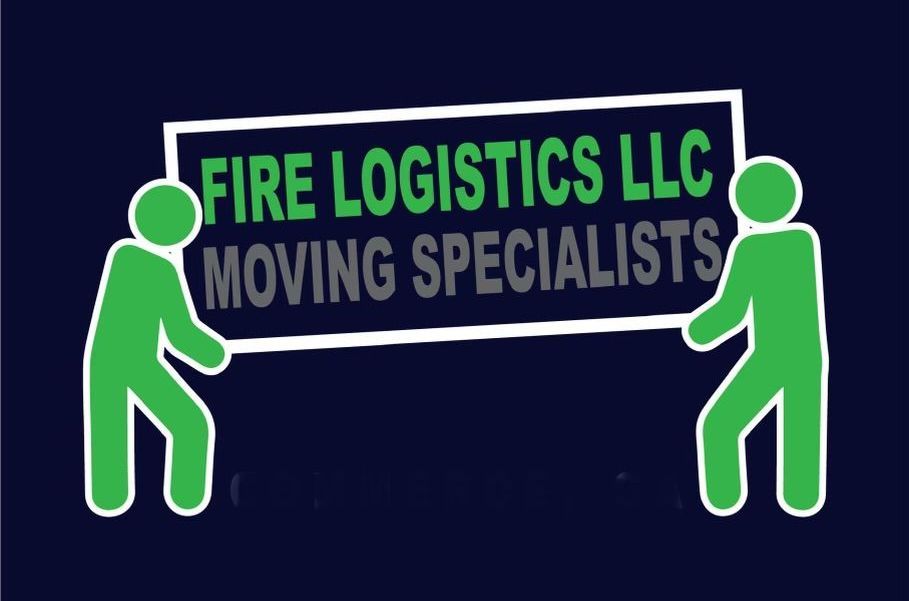 Two green figures holding a sign that reads "Fire Logistics LLC Moving Specialists" on a dark blue background.