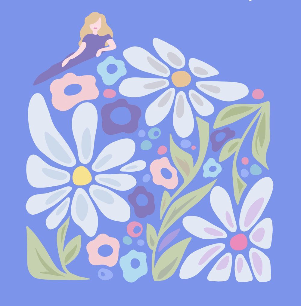 Woman reclining atop a floral arrangement of daisies, blue and pink flowers, and green leaves on a blue background.