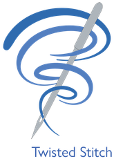 A logo for twisted stitch with a needle in the shape of a tornado