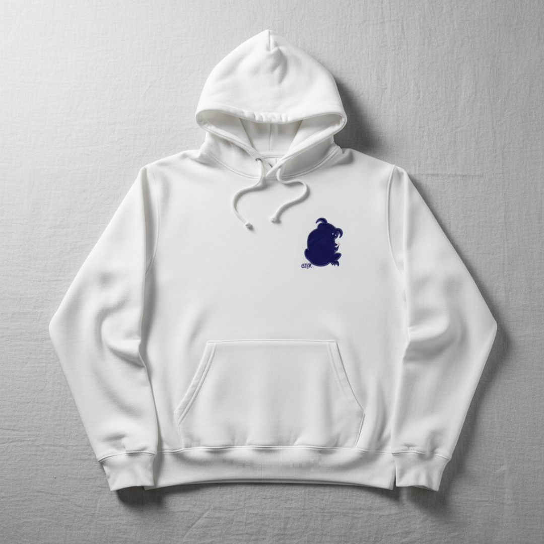 White hoodie with a navy blue cartoon dog design on the chest.