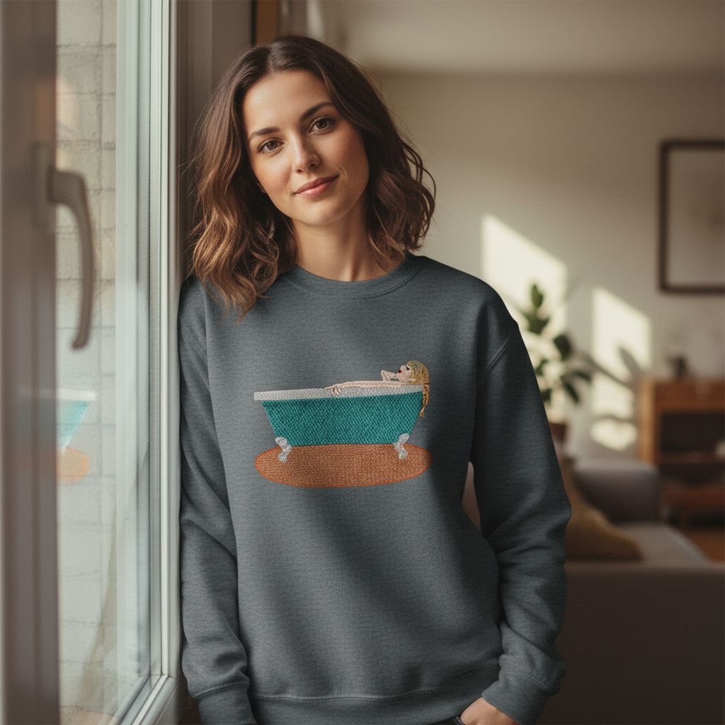 Woman in gray sweatshirt with bathtub graphic, leaning against a window, smiling.