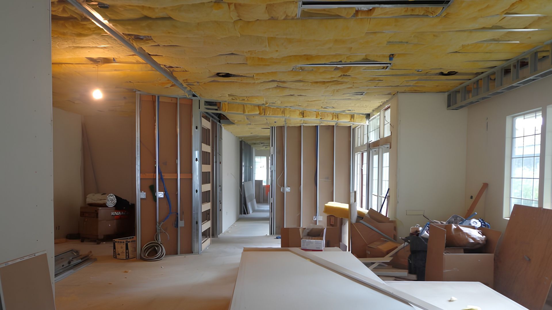 Partially renovated room with exposed ceiling, framing, and construction materials scattered around
