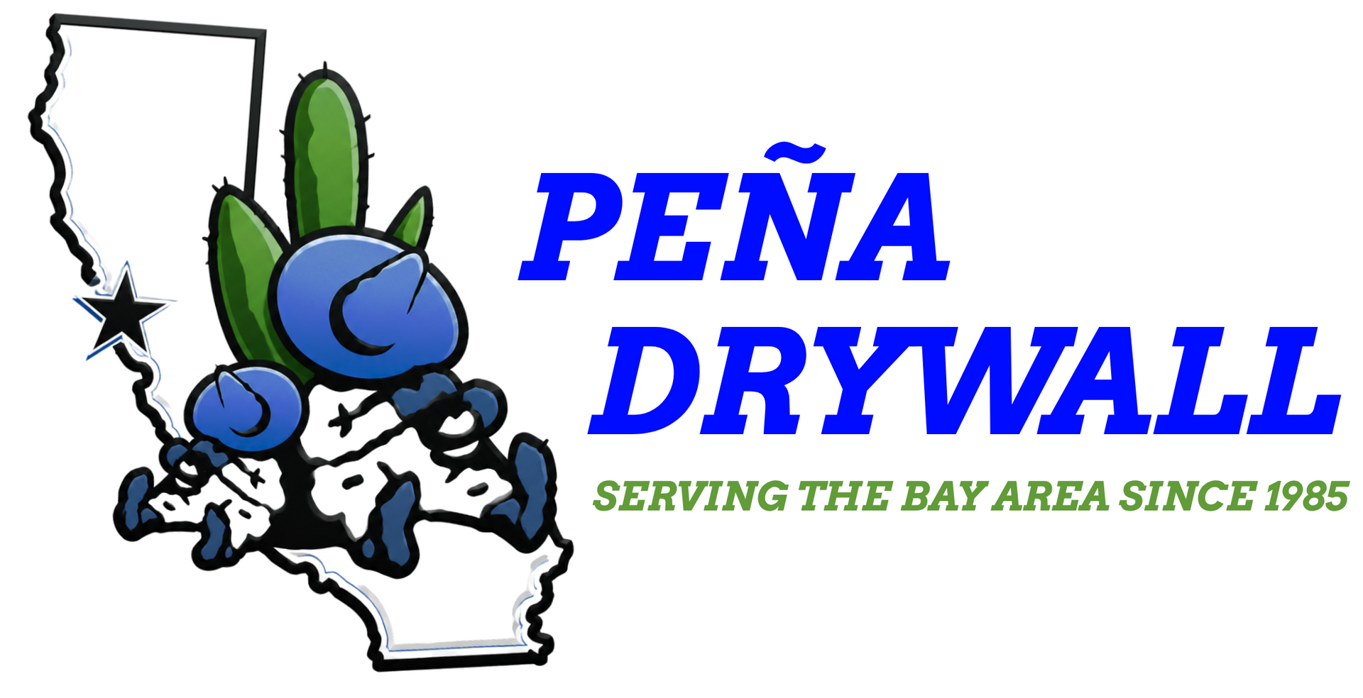 Peña Drywall logo with blue text, California outline, and cartoon worker holding a trowel