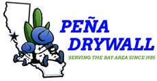 Peña Drywall logo with blue text, California outline, and cartoon worker holding a trowel