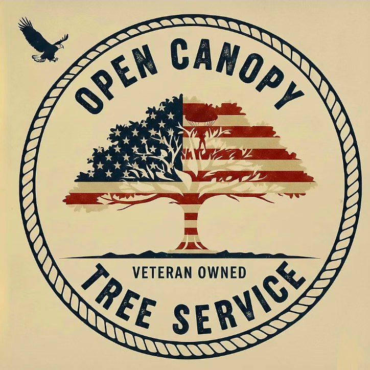 Open Canopy Tree Service logo with American flag tree and veteran owned text