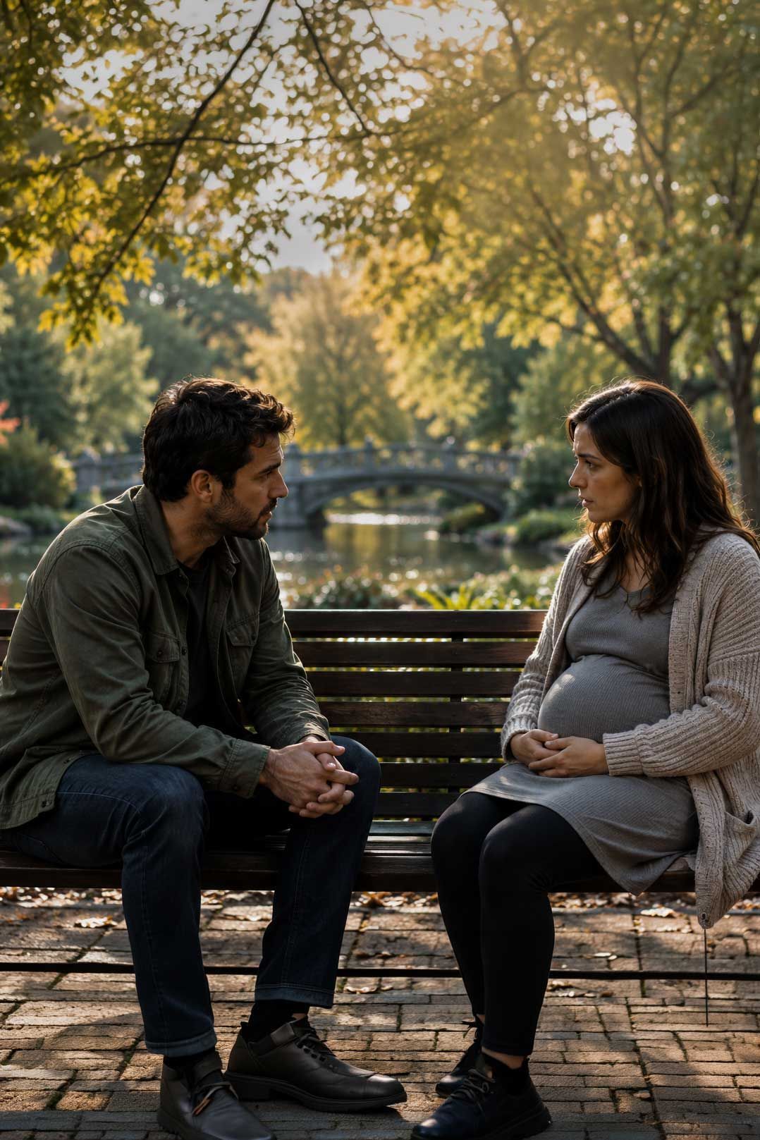 A man and a pregnant woman sitting on a park bench talking. 