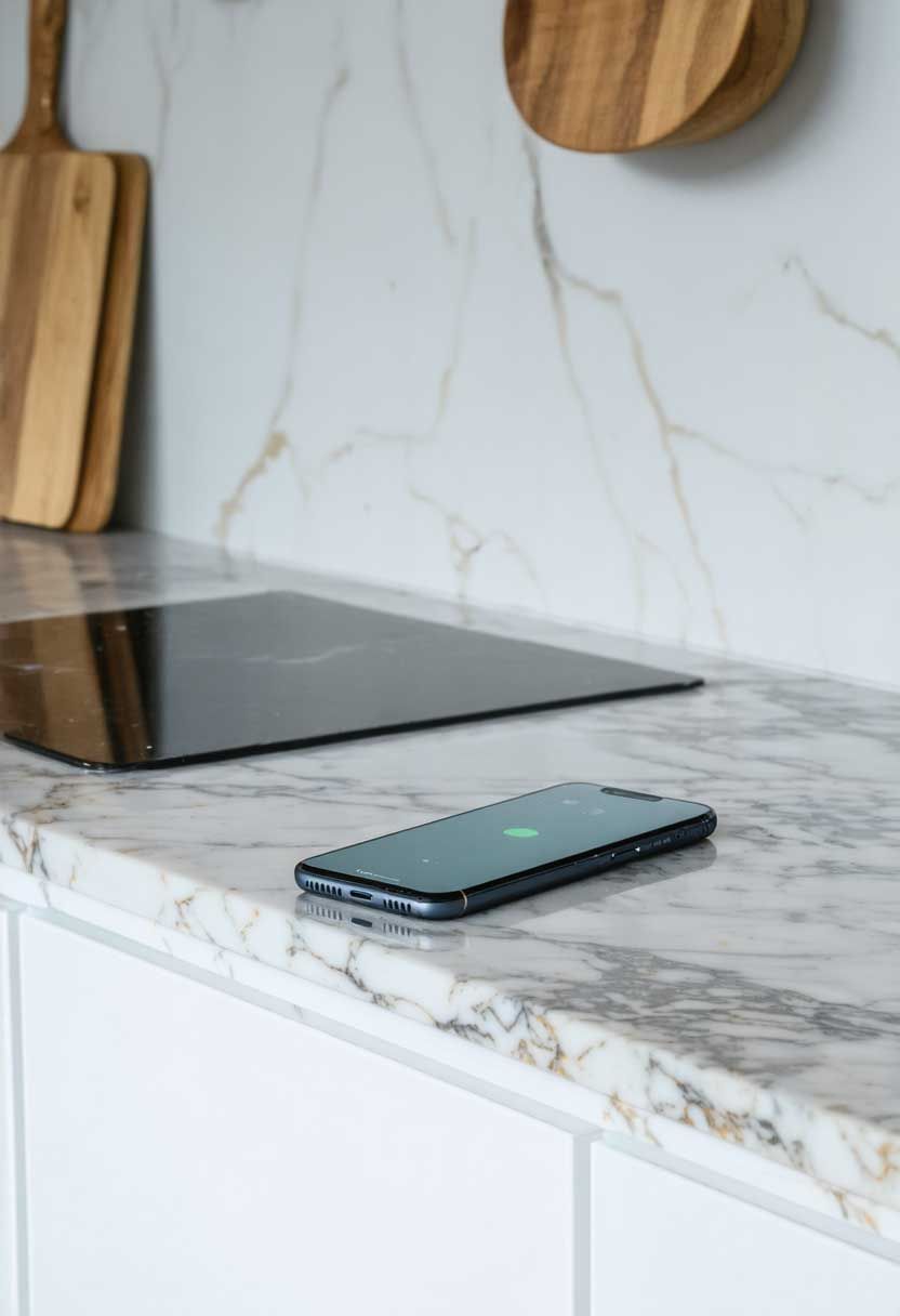 A smartphone sitting on a kitchen bench