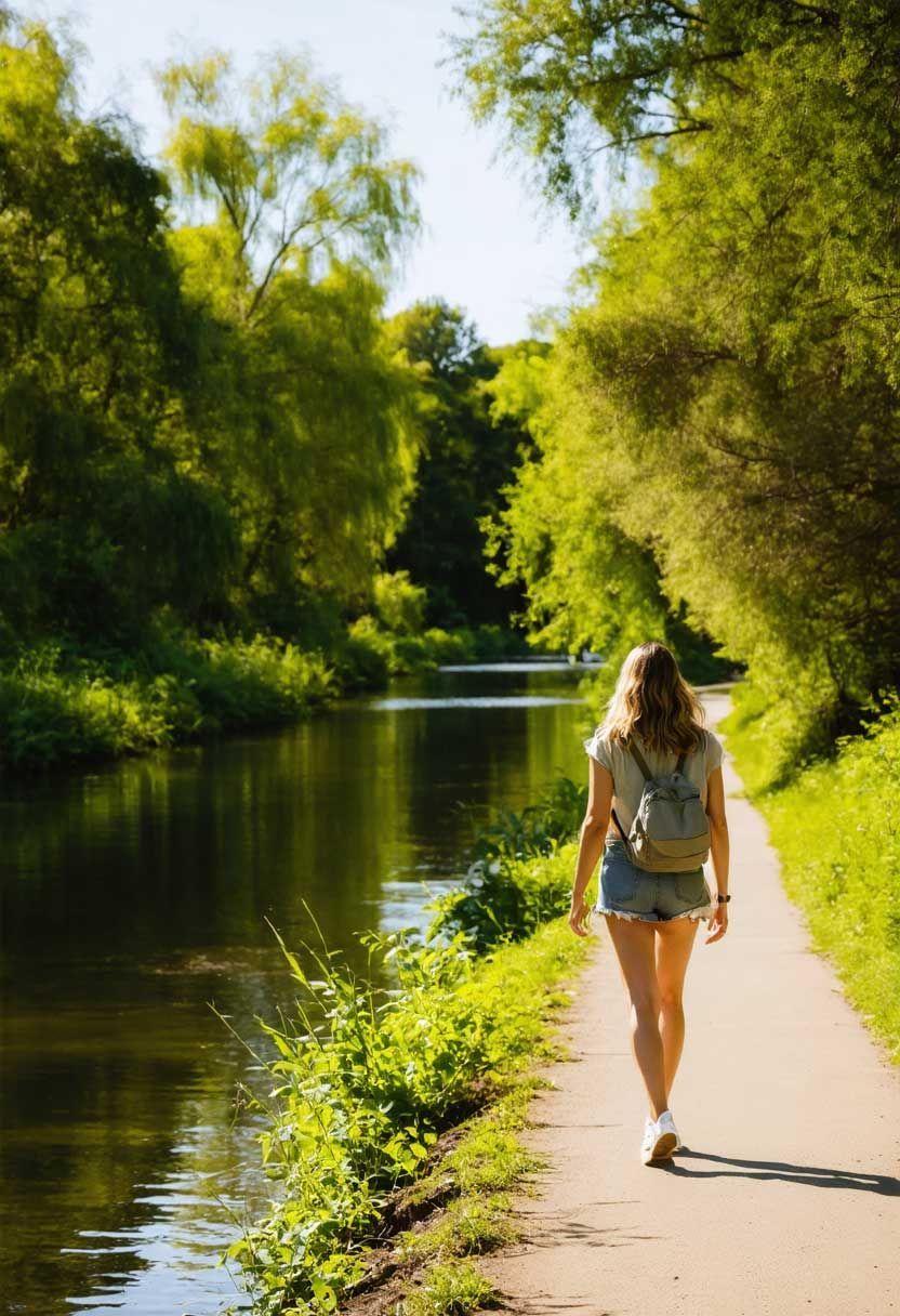 A woman walking along a riverside path.
