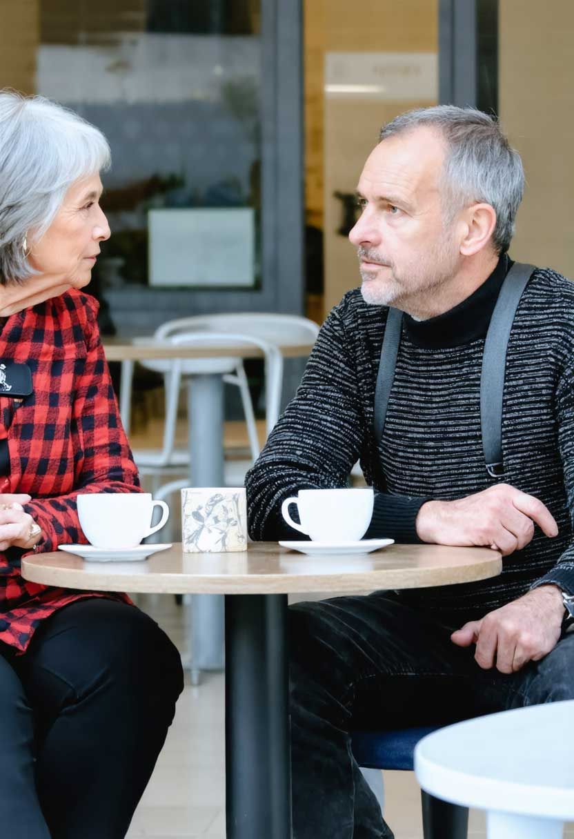 A couple sit at a cafe having a conversation
