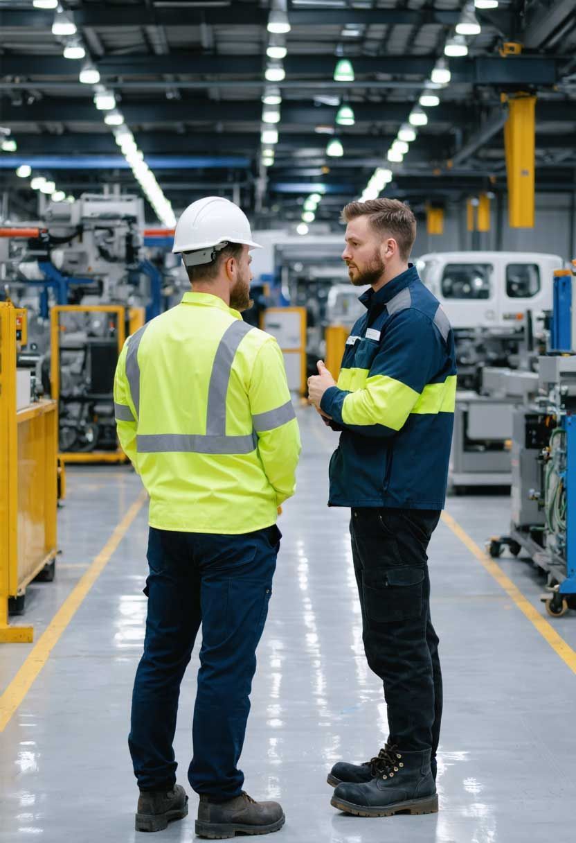 An employee and his supervisor chatting in a manufacturing workshop.