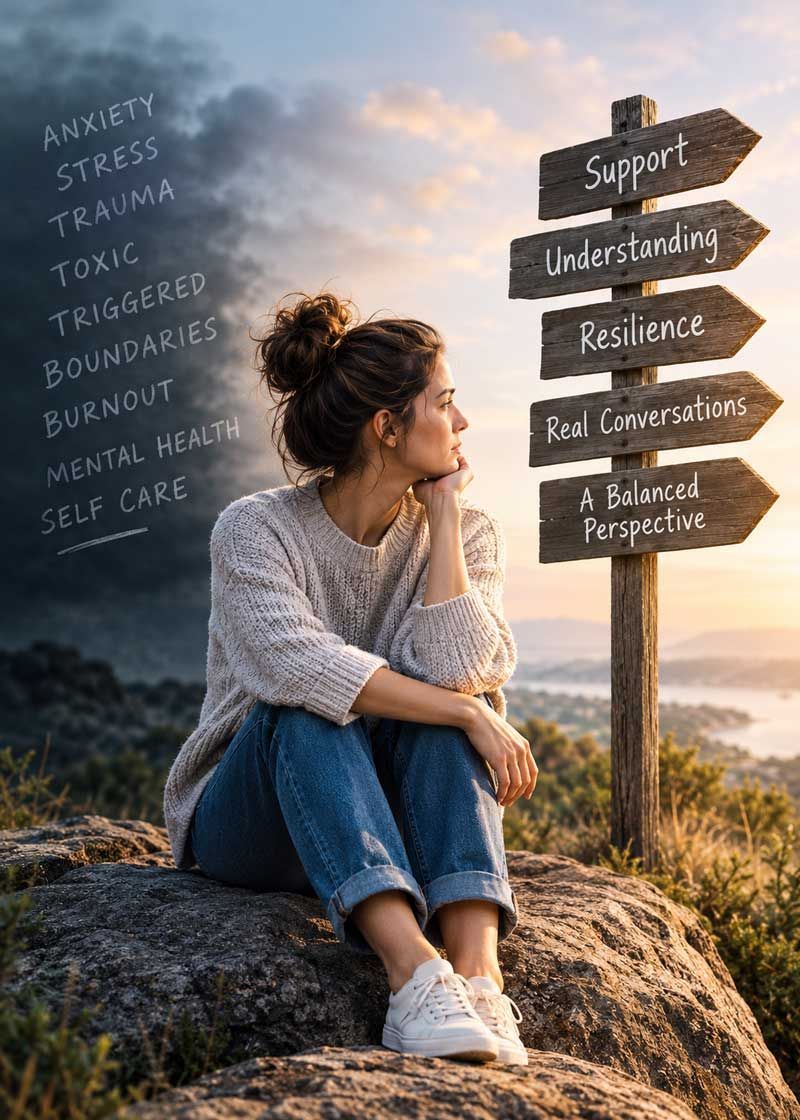 Woman reflecting on mental health, resilience and emotional wellbeing beside signs pointing towards 