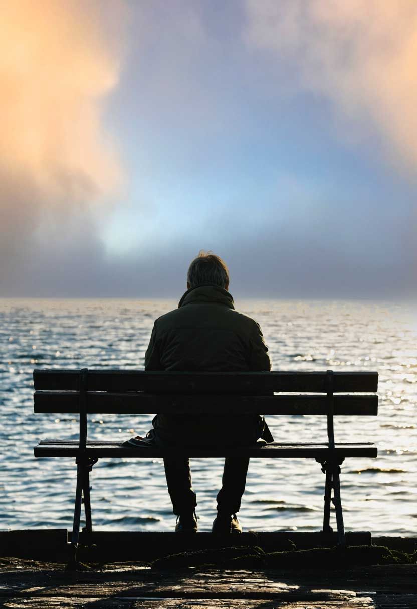 A man sits on a bench by the ocean contemplating his loss.