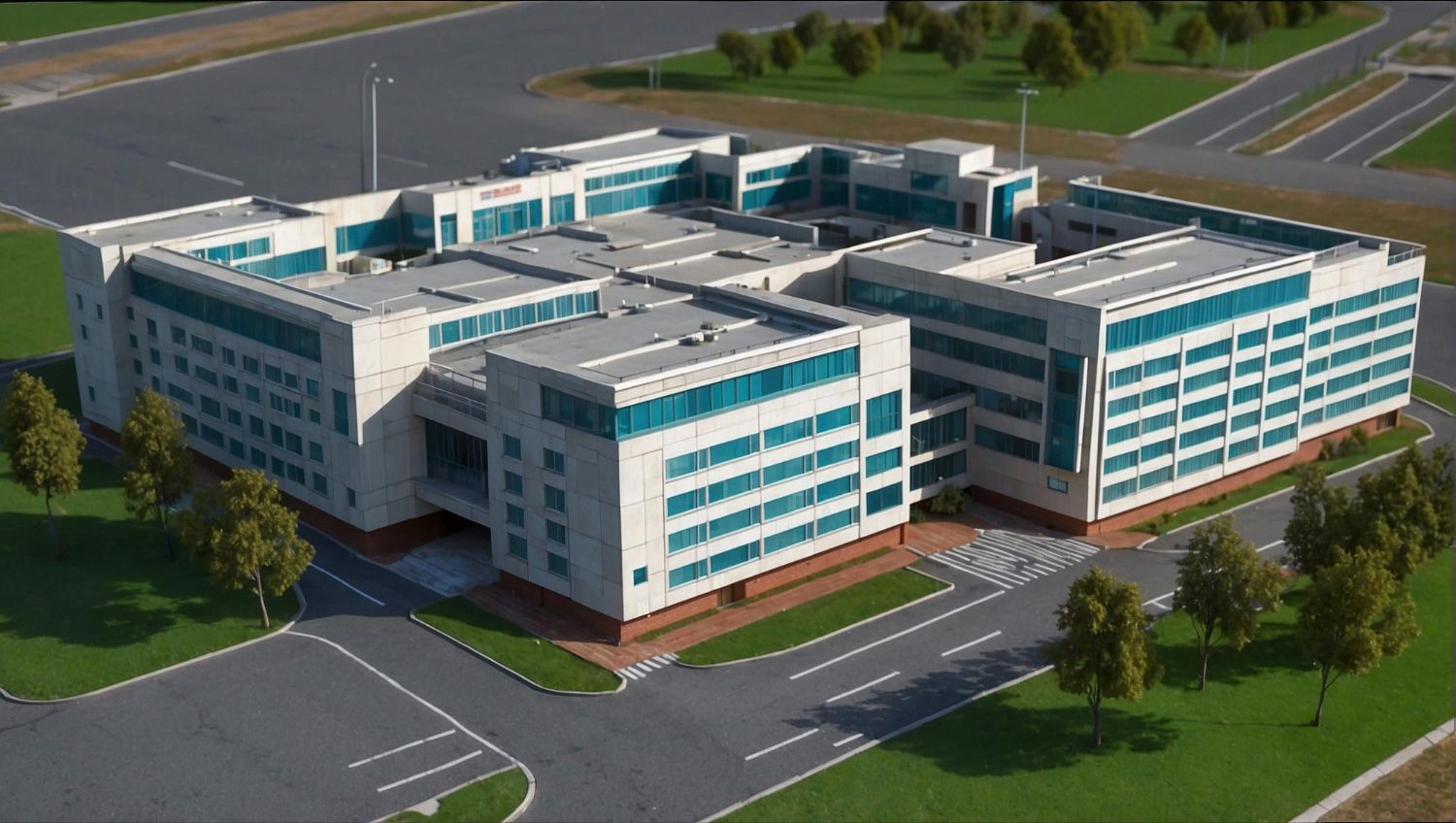 Aerial view of a modern white office building with teal windows, surrounded by roads and green lawns